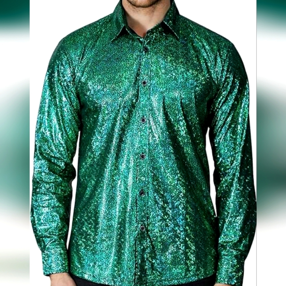 Men Dress Shirt Sequins green